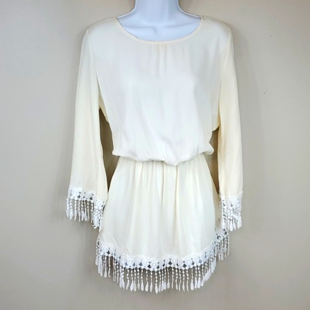 Women's Cream Beach Cover Up/Dress With Fringe Edges and Small Keyhole o…